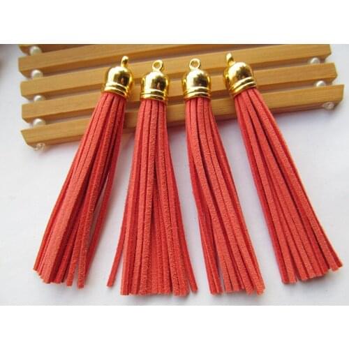 Free Shipping 100Pcs 90mm Watermelon Red Suede Leather Jewelry Tassel For Key Chains/ Cellphone Charms Top Plated End Caps Cord