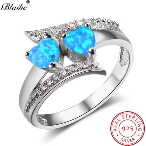 Blaike Bohemian Double Heart Finger Ring 100% Real S925 Sterling Silver Blue Fire Opal Birthstone Rings For Women Zircon Jewelry
