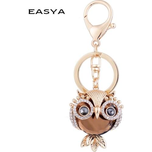 EASYA Big Crystal Owl Keychain Champagne Rhinestone Car Keyring Women Bag Accessories Rhinestone Key Chain Metal Crafts