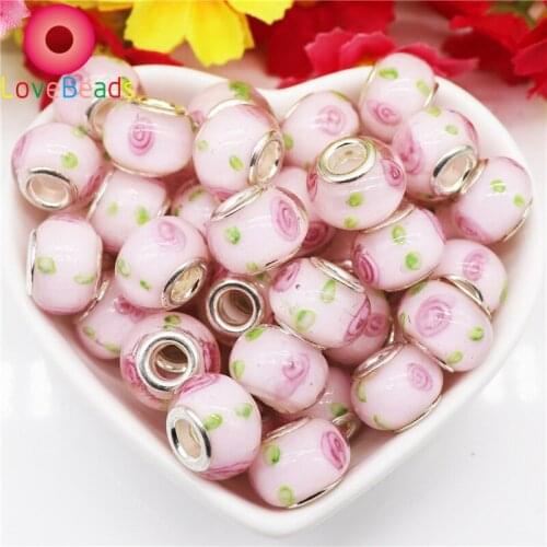 10Pcs Large Hole Flower Art Color Glass Spacer Beads Crystal Colorful Lampwork Beads Fit Pandora Bracelet for DIY Snake Chain