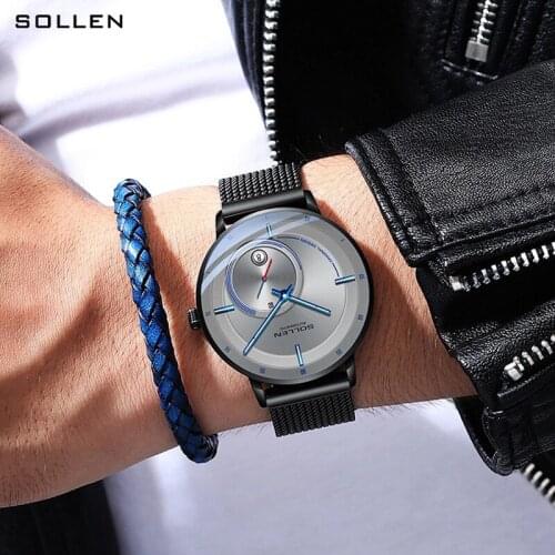 SOLLEN Top Brand Luxury Men Mechanical Watch Second Sub Dial Ultra-thin Mesh Band Wristwatch Luminous Hand Date Automatic Watch