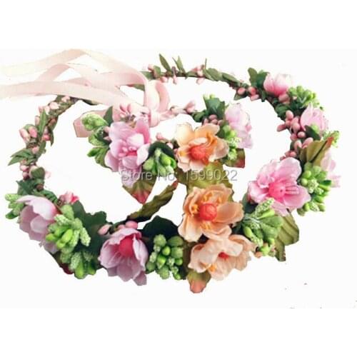 Bridesmaid Flower Crown Wrist Corsage Set Vintage Bridal Cherry Blossom Hair Accessories Orange Pink Country Wedding Headwear