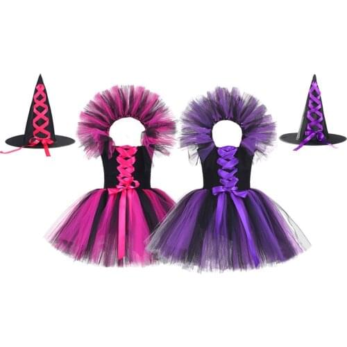 Halloween Kids Witch Cosplay Costume Princess Girl Black Domineering Knee Lenth Tutu Dresses for Girls Clothes With Witch Hat