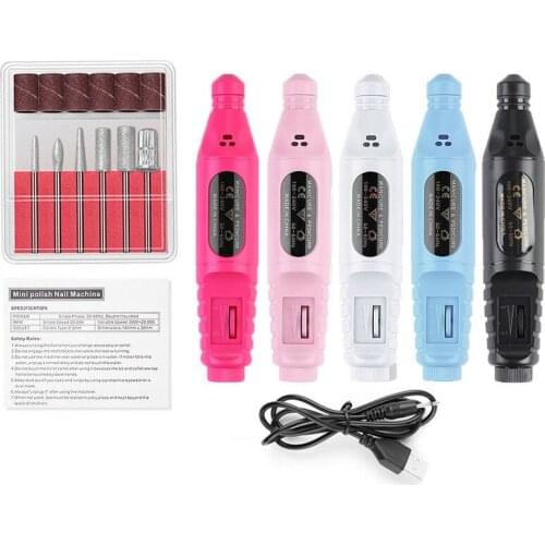 Electric Nail Drill Machine Nail Files Pen Pedicure Drill Set 6Pcs Polishing Head Nail Gel Remove Machine Nail Polishing Machine