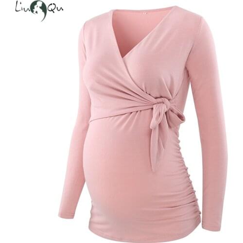 Maternity Breastfeeding Long Sleeves V Neck Pleats Pregnancy T-Shirt Mama Clothing Maternity Clothes Comfortable Casual Tops