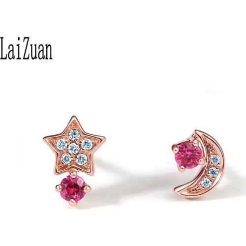 LaiZuan Solid 14k Rose Gold Natural Diamonds Stud Earrings Natural Ruby Women Earrings Engagement Wedding Unique Fine Jewelry