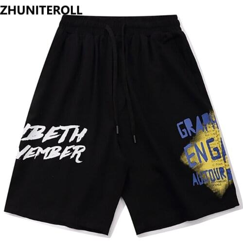 Summer Harajuku Shorts Graffiti Letter Print Kanji Shorts Men Hip Hop Pocket Jogger Sweatpant Fashion Casual Black Streetwear