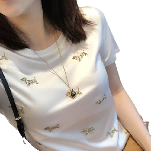 Summer girl T-shirt Handmade rhinestone inlaid puppy silk material stitching round neck short-sleeved slim slimming elastic top