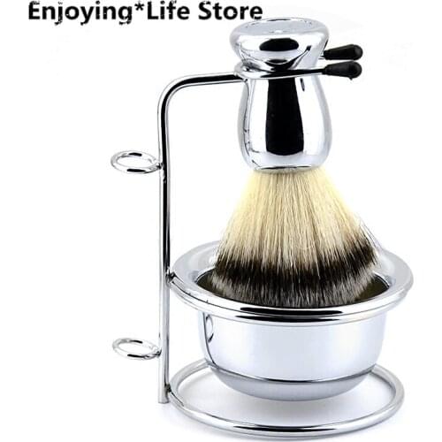 Stainless Steel Shave Set Men Razor Shaving Brush Stand and White Soap Dish Gift Razor Holder Shaver Holder