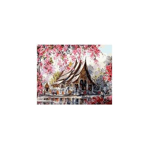 MaHuaf-X1280 Japan Cherry Blossom Temple Framed DIY Painting By Numbers Modern Wall Art Picture Handpainted For Home Decor