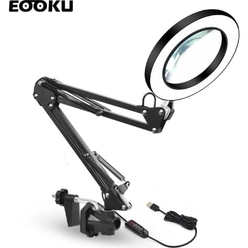 EOOKU 8W USB LED 3 Colors Table Lamp Dimming Desk Reading Light with 5X Large Magnifying Glass Magnifier Nail Beauty Light