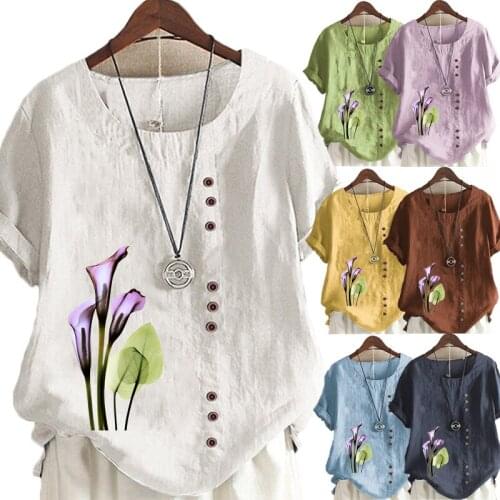 New Arrived Summer Fashion Women Flowers Printed Linen T-shirt Casual Loose Round Neck Short Sleeve Shirt Blouse Tops Plus Size