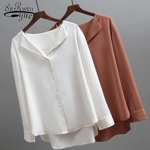 2021 Fashion Long Sleeve Chiffon Blouse Women Brown White Shirts Tunics for Women Office Style Silk Shirt Woman Blouse 5104 50