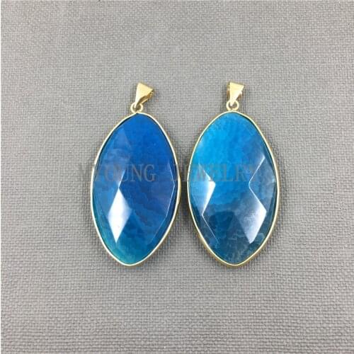 MY1186 Oval Agates faceted pendant.Blue Vein Dragon agates Necklace Pendant Charm with gold edge and bail