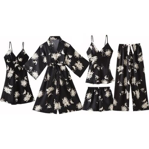 Sleepwear Women Sexy 5PCS Pajamas Set Printed Casual Kimono Bathrobe Gown Female Nightwear Sleep Set Spring New Home Clothing