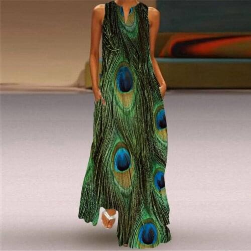 Summer Women Fashion Printed Flowers Sleeveless Casual Dress Sundress Ladies Elegant Party Vintage Peacock feather Long Dresses