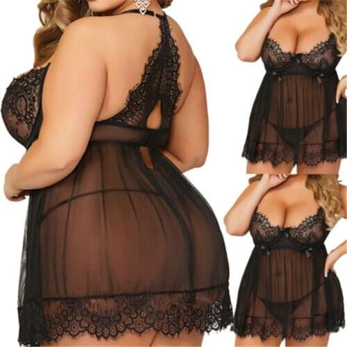 Plus Size Womens Sexy--Sleepwear-Lace-Women-G-string-Dress-Nightwear Intimates Set Bodydoll