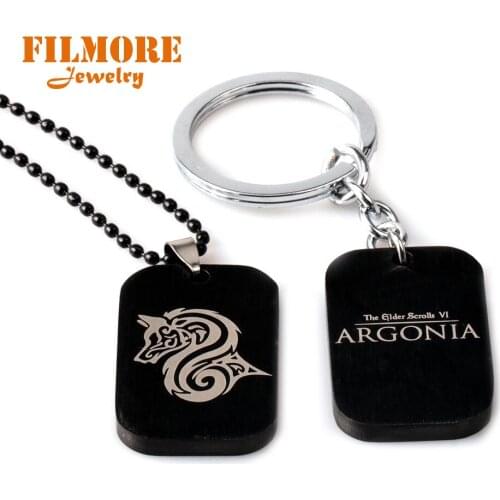 RPG Game The Elder Scrolls VI Bead Chain Necklace Dragon ARGONIA Stainless Steel Black Dog Tag Alloy Dragon Design Keychains
