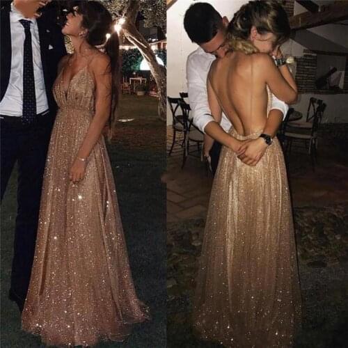 Luxury Sparkly Prom Dresses 2020 Spaghetti Backless Sweep Train Special Occasion Dress Sequin Formal Party Evening Gowns Cheap