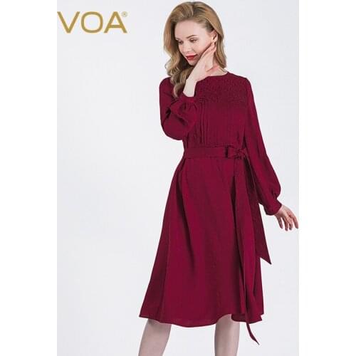 VOA 22m/m Silk Jacquard Dark Red Round Neck Lantern Sleeve Symmetrical Loose-Leaf Ribbon Design High Waist Dress AJ01