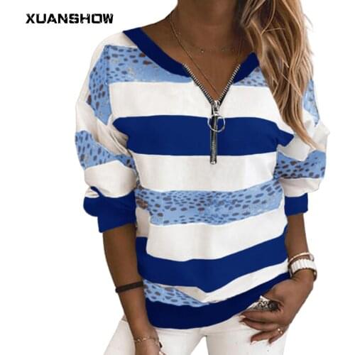 XUANSHOW 2021 Autumn Sweatshirts Women Loose Sofe Pullovers Stripes Color Contrast Print Zipper Casual Daily Wear Clothes S-5XL