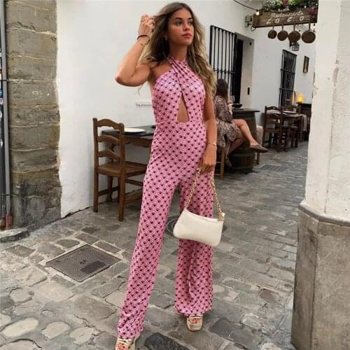 Woman Sexy Pink Slim Print Halter Jumpsuits 2021 Summer Chic Female Backless Elastic Jumpsuit Ladies Hollow Out Beach Jumpsuits