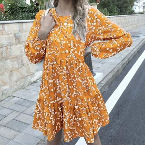 2021 Spring New Casual O Neck Print Dress Women Casual Long Sleeve High Waist Dress For Women Sexy Summer Chiffon Dresses