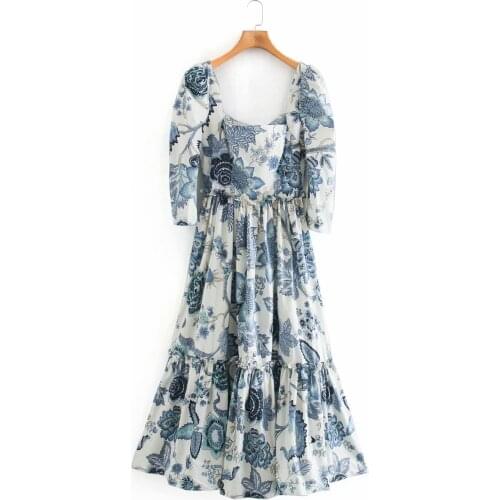 Vintage Maxi Dresses for Women Summer 2021 Elegant Blue Floral Printed Long Dress Runway Robe Femme