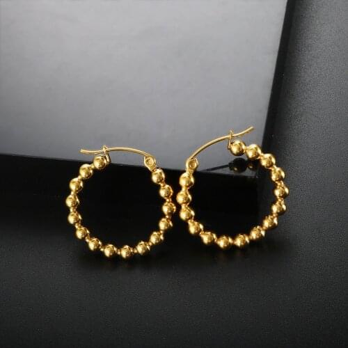 ZMFashion Beaded Hoop Earring Woman Simple Small Circle Round Ball Stainless Steel Gold Color Trend Female Jewelry Accessories