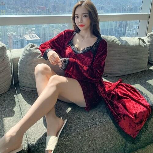 2PCS Thick Warm Gold Velvet Sexy Lace Mini Dress Nightgowns Robes Sets for Women 2021 Winter Long Sleeve Sleepwear Suit Bathrobe