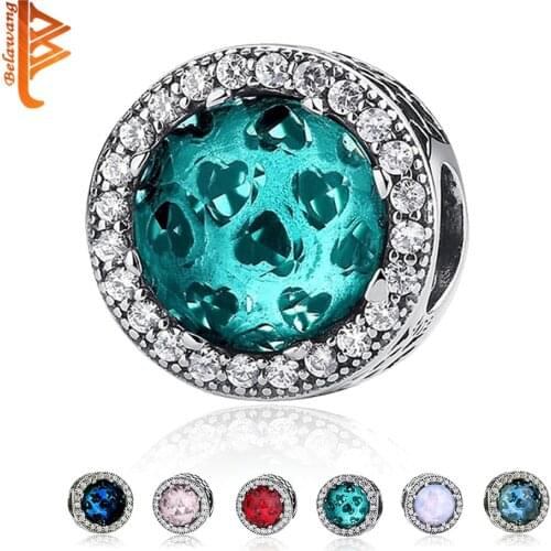 BELAWANG 100% Real 925 Sterling Silver 10 Colors Crystal Radiant Hearts Charm Fit Original WST Charm Bracelet Authentic Jewelry