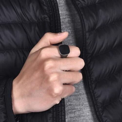 CFBulongs Vintage Men Stainless Steel Ring Cool Black Natural Agate Stone Hip Hop Jewelry