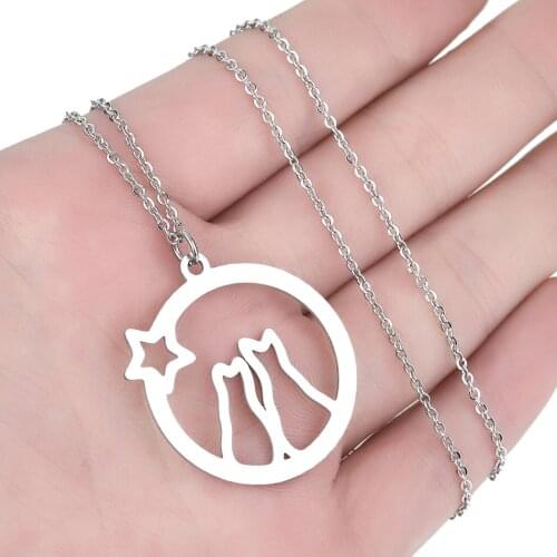 CHENGXUN New Trendy Love Cats Pendant Necklace for Women Men Stainless Steel Fashion Cute Star and Cat Charm Couple Jewelry Gift