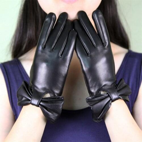 Black Womens Sheepskin Gloves Genuine Leather Butterfly Knot Driving Gloves Winter Warm Plus Velvet Factory Direct Sale XC-223
