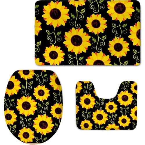 Home Bathroom Decorative 3D Fashion Sunflower Printing Black 3pcs/set Toilet Seat Cover Comfortable Anti-slip Bath Floor Carpets