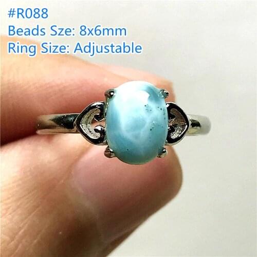 Natural Blue Larimar Ring Jewelry For Woman Lady Man Silver 8x6mm Beads Dominica Water Pattern Stone Adjustable Size Ring AAAAA