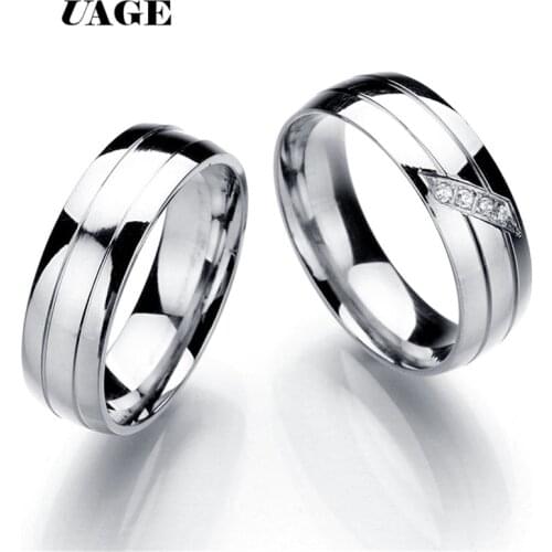 UAGE 8MM Stainless Steel Couple Rings Silver Color Wedding Crystal Ring For Lovers Romantic Elegant Engagement Party Jewelry