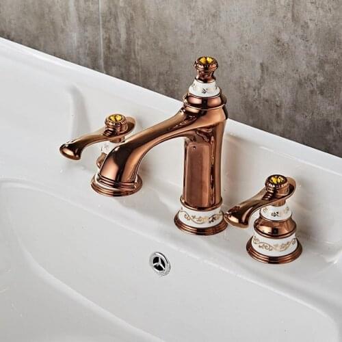 Copper Bathroom Basin Faucet Brass & Ceramic Sink Mixer Tap Hot & Cold Crane Deck Mounted Widespread Type Chrome/Rose Gold