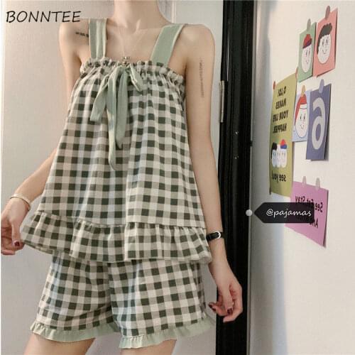 Women Pajama Sets Spaghetti Strap Plaid Short Bow Soft Sleep-wear Loose Casual Lovely Girls Home Females Summer Fresh Hot Sale
