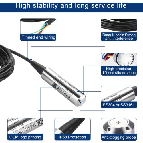 RS485 Submersible Water Level Sensor For Liquid Oil Fuel Tank Transmitter DC24V Power Supply