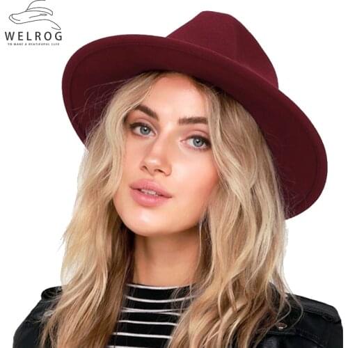 WELROG New Woolen Wide Brim Hats British Mens And Womens Fashion Solid Top Hat Autumn Winter Smooth Unisex Fedoras