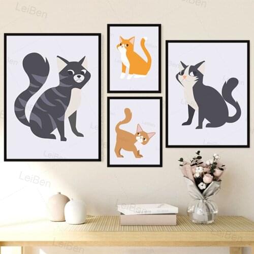 Modern Cartoon Animal Canvas Painting Cute Kitten Wall Art Poster Childrens Room Kindergarten Decor Murals and Prints Frameless