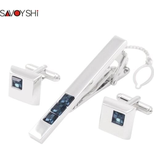 SAVOYSHI High Quality Custom Cufflinks tie clip set for Mens Cuff links necktie clip tie pin Crystals tie bars Free Carving Name