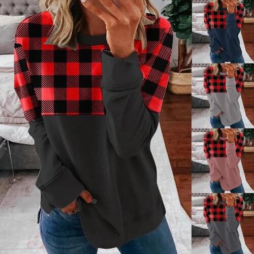 Woman Tshirts Women O-Neck Red And Black Checkered Long Sleeve Cap Top T-shirt Femme T-Shirts Blusas Para Mujer
