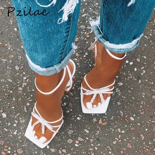 Pzilae New summer women sandals black white rhinestone bowtie ladies shoes square toe ankle strap high heels shoes woman size 41