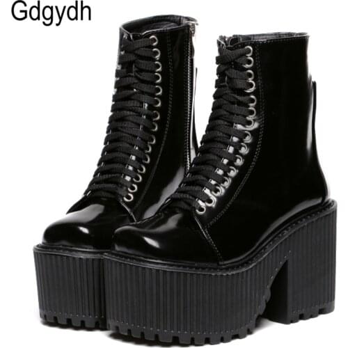 Gdgydh Fashion Ankle Boots For Women Platform Shoes Punk Gothic Style Rubber Sole Lace Up Black Spring Autumn Chunky Boots Woman