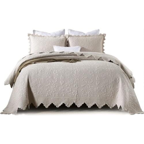 Embroidered Quilt 3PCS Sets Thick Bedspread for Bed Beige Quality Quilted Cotton Blanket on Bed King Size Solid Color Coverlets