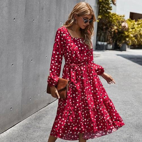 Women Autumn Winter New Classic Boho Polka Dot Printed Long Sleeve Elegant Square Collar Midi Dress Ruffle Casual Dress Mujer