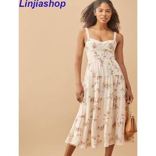 Summer Dress 2021 Women Sweet Flower Print Sleeveless Vestido Mujer Prairie Chic Holiday Party Chiffon Dress Midi Robe