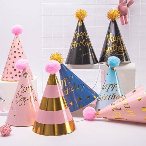 10pcs Birthday Hat with Rope Kids Child Party Crown Decoration Gold Silver Striped Conical Hat Paper Cap Party Supplies